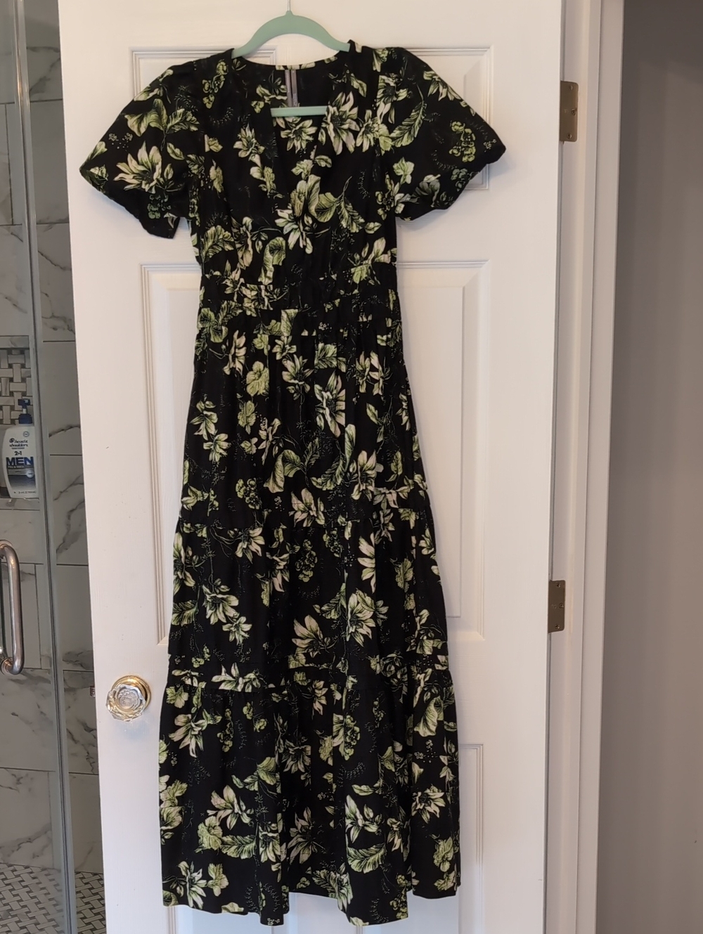 Anthropologie Black Maxi Dress with Green Floral Print